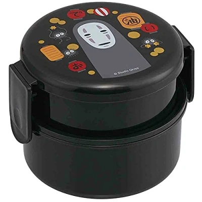 Image of Spirited Away 2 Tier Round Bento Lunch Box with Folk (17oz) Authentic Japanese Design Microwave Safe Black
