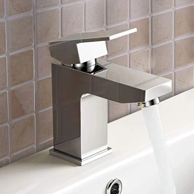 Image of Nes Home Cloakroom Chrome Luxury Bathroom Modern Basin Sink Mono Square Mixer Tap &amp; Waste (Aldo)