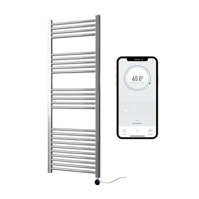 Image of Greened House Chrome Electric Smart WiFi Controlled Heated Towel Rail 500mm W x 1400mm H Flat 7 Day Programmable Timer App Compatibility