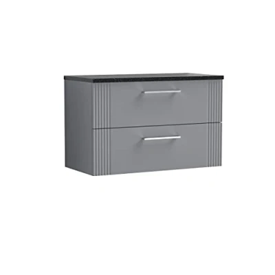 Image of nuie DPF295LSB Deco Modern Bathroom Wall Hung 2 Drawer Part Fluted Vanity Basin Unit with Laminate Black Sparkle Worktop, 800mm, Satin Grey