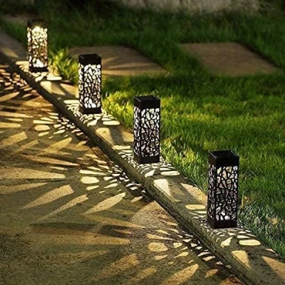 Image of Garden Mile 4pc Damasque Solar Stake Lights Lanterns for Outside with Silhouette Effect Driveway Pathway Lighting Outdoor Waterproof Flowerbeds Yard Patio