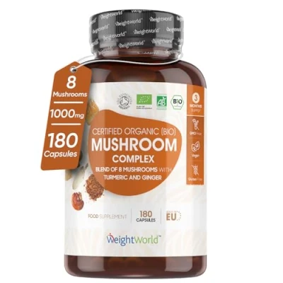 Image of Organic Mushroom Complex 8 180 Capsules 1000mg Lion&#039;s Mane &amp; 7 Blends (Reishi, Chaga, Cordyceps, Shiitake, Oyster, Maitake Coprinus) Added Turmeric Ginger Vegan Non GMO