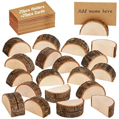 Image of X BLTU 20PCS Wood Place Card Holders, Semicircle Shape Rustic Real Base Wedding Table Name Number Holder Party Decoration Picture Memo Clip Note Photo Holder(20 Holders +20 Kraft Paper)