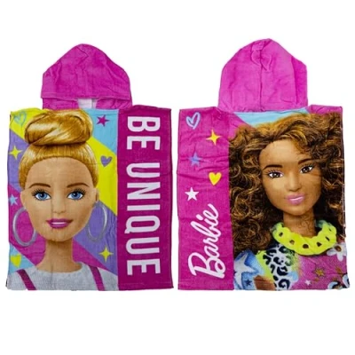 Image of Character World Official Barbie Hooded Towel Poncho Super Soft Feel, Fresh Design Girls Swimming Changing Robe Perfect The Home, Bath &amp; Beach, Pink, 115 x 50cm