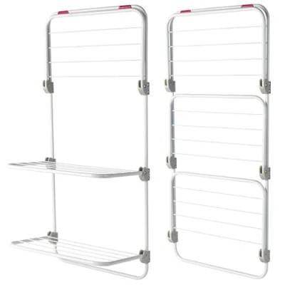 Image of Kleeneze COMBO 8614 Three Tier Overdoor Clothes Airer, Adjustable Shelves, Set of 2, Space Saving Drying Rack, for Compact Living &amp; Smaller Households, Hard Wearing Steel, 40 x 20 134 cm, Pink/White