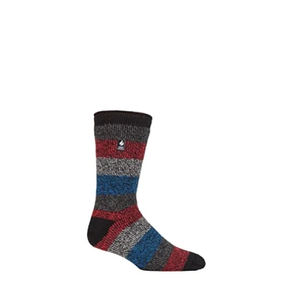 Image of Mens 1 Pair SOCKSHOP Heat Holders 2.3 TOG Patterned and Plain Thermal Socks Milan Thick Twist Stripe Black / Grey Red 6 11