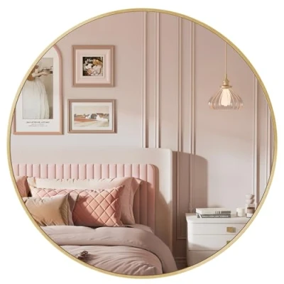 Image of SONGMICS Round Mirror, 61 cm Bathroom Mirror for Wall, Metal Frame, Easy to Install, Modern Wall Bathroom, Living Room, Bedroom, Entryway, Hallway, Metallic Gold LWM102A01