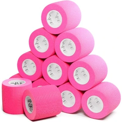 Image of Inksafe Pink Self Adherent Cohesive Bandages 5cm x 4.5m Box of 12 Uses Include Tattoo Grip Wrap, Vet Tape for Wrist and Ankle Sprains