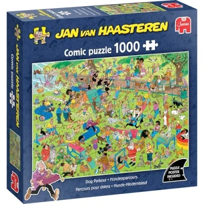 Image of Jan Van Haasteren Dog Parkour 1000 Piece Adults Puzzle Large Jigsaw for 100% Recycled Cardboard 1000Pc Comic Jigsaw, Fun Pet Theme Dimensions 68 x 49cm