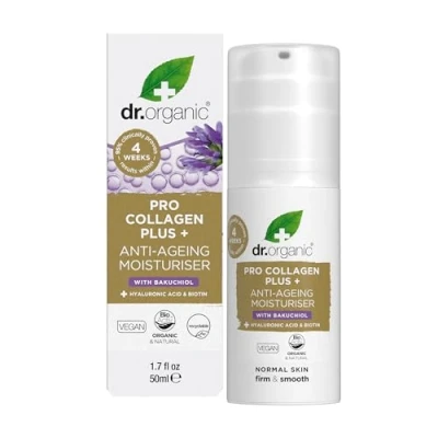 Image of Dr Organic Pro Collagen Plus Bakuchiol, Hyaluronic Acid, Biotin, Healthy Aging, Wrinkles, Dry &amp; Sensitive Skin , Natural, Vegan, Cruelty Free, Paraben SLS Recycled Recyclable, Organic, 50ml