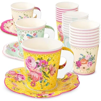 Image of Talking Tables Pack of 24 Vintage Floral Cup &amp; Saucer Afternoon Tea Set, Truly Scrumptious Disposable Tableware for Birthday or Garden Party, Baby Shower, Wedding, TRULYCUPSET24