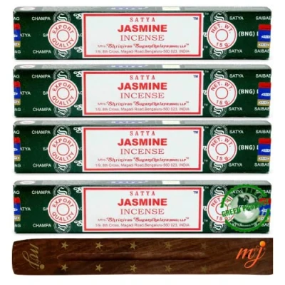 Image of Original Satya Nag Champa Jasmine incense sticks with M&amp;J holder x4 pack for Aromatherapy, Spa, Yoga, Weddings, Meditation, Healing, Positivity and Relaxation