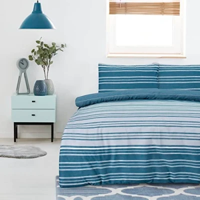 Image of Sleepdown Duvet Cover Set Teal Textured Stripe Reversible Quilt Easy Care Bed Linen Soft Cosy Bedding Sets with Pillowcases King (230cm x 220cm)