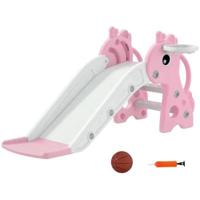 Image of AIYAPLAY 3 in 1 Kids Slide, Giraffe Shape Toddler Slide with Climber, Basketball Hoop and Ball, Indoor Playground Equipment for Age 3, Pink