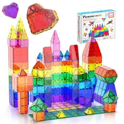 Image of PicassoTiles Magnetic Tiles 60pcs Kids Toys Classroom Sensory Toy for Toddlers STEM Learning Building Blocks, Montessori Pretend Play Magnet Tile Construction Stacking Block Boys Girls Ages 3+ PT60