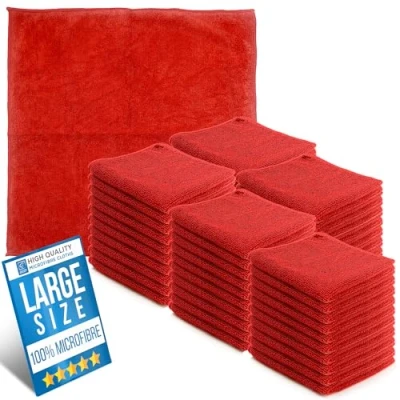 Image of Microfiber Cleaning Cloth, Large Size 40x40cm, Super Absorbent Lint Free Microfibre Cloths for Home, Kitchen, Surface, Mirrors, Bathrooms, Motorbike, Car (50, Red)