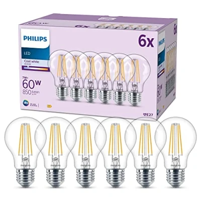 Image of PHILIPS LED Frosted A60 Light Bulb 6 Pack [Cool White 4000K E27 Edison Screw] 60W, Non Dimmable. for Home Indoor Lighting