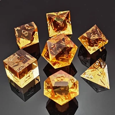 Image of Bescon Crystal Clear (Unpainted) Sharp Edge DND Dice Set of 7, Razor Edged Polyhedral D&amp;D for Dungeons and Dragons Role Playing Games, Amber Color