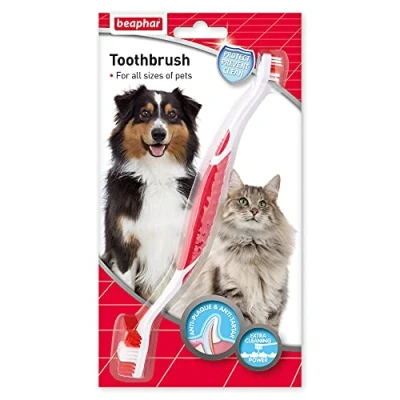 Image of Beaphar, Double Ended Toothbrush, Dental Care for Dogs &amp; Cats, Targets Hard to Reach Areas, Helps Prevent Bad Breath and Combat Plaque, Suitable all Mouth Sizes, Red, White, 1 Count
