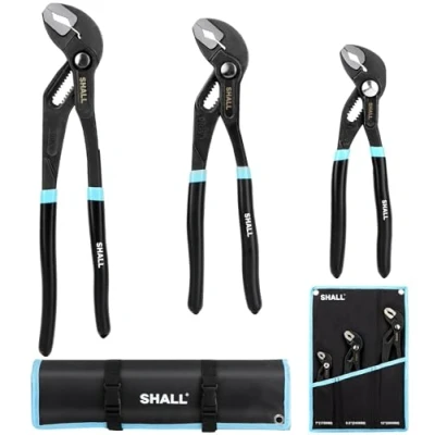 Image of SHALL 3 Piece Groove Joint Pliers Set (12, 9 1/2, 7 Inch), Push Lock Water Pump in Cr v Steel, Fast Adjustable Tongue and with Tool Roll Bag for Home Repair &amp; Plumbing