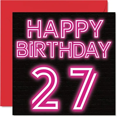 Image of Fun 27th Birthday Cards for Men Woman Neon Glow Happy Card Son Daughter Brother Sister Uncle Auntie Niece Nephew Cousin, 145mm x Greeting Cards,