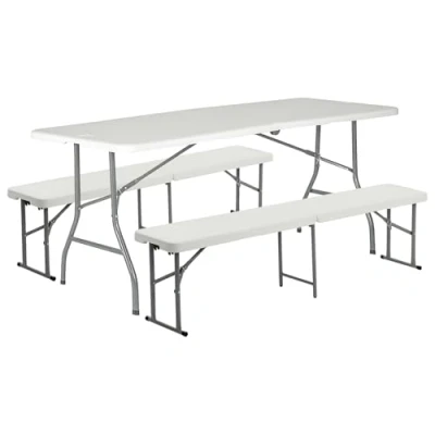 Image of Folding Camping Picnic Table &amp; Bench Set 180cm (6ft) White By Harbour Housewares