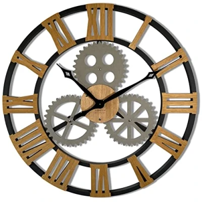 Image of FLEXISTYLE Large wall clock 80cm XL vintage industrial roman numerals wooden oak for office living room bedroom silent non ticking