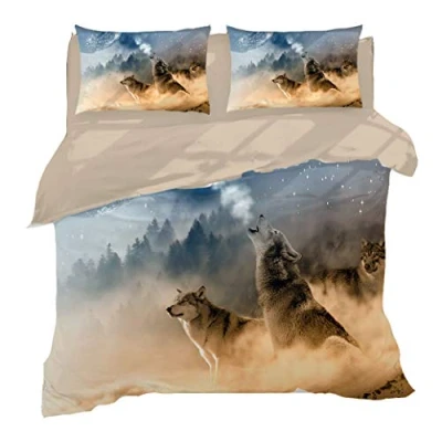 Image of Sticker Superb 3D Animal Design Bedding Set Girl Boy Duvet Cover and Pillowcase, Microfiber Dormitory Bedding, Multicolor, Double Moon Wolf (Moon Wolf, 200x200 cm)