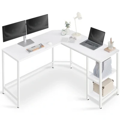 Image of VASAGLE Computer Desk, L Shaped Corner 138 x 76 cm, Gaming Workstation with 2 Storage Shelves for Home Office, Space Saving, Easy to Assemble, Maple White LWD072W44