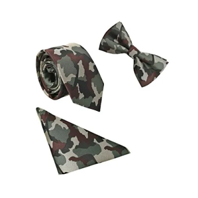 Image of WANYING Men Classic 6 * 12cm Bowtie &amp; 6cm Narrow Necktie 22 22cm Pocket Squares 3 in 1 Sets Army Green Camouflage