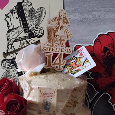 Image of Luck and Personalised Alice in Wonderland Cake Topper, Childrens Wooden Topper with Name Age, Mad Hatters Birthday Party