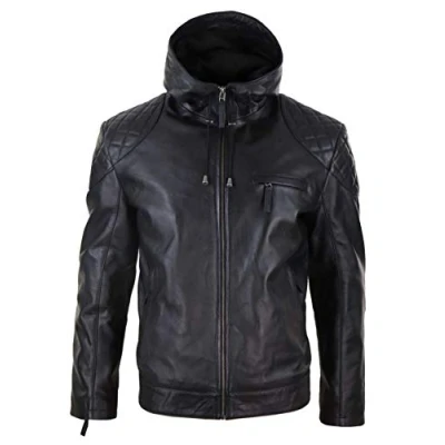 Image of Mens Hood Biker Jacket Genuine Leather Casual Zip Retro Urban Black 5XL