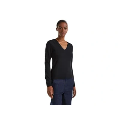 Image of United Colors of Benetton Women&#039;s V Neck Sweater M/L 1002d4488, Black 100, M