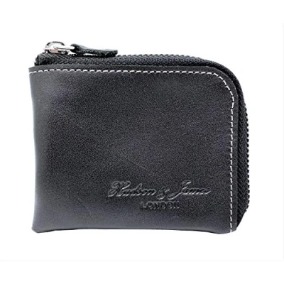 Image of Designer Hudson &amp; James London Real Leather Small Zippered Mens Women Wallet Slim Credit Carder Holder Purse with Gift Box (Black)
