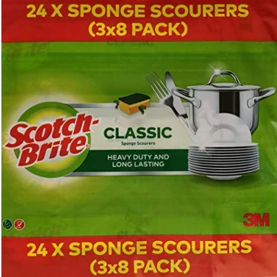 Image of Scotch Brite Classic Sponge Scourers Heavy Duty &amp; Long Lasting (Pack 3 x 8), Foam, Green/RED, 8 Count of 3)