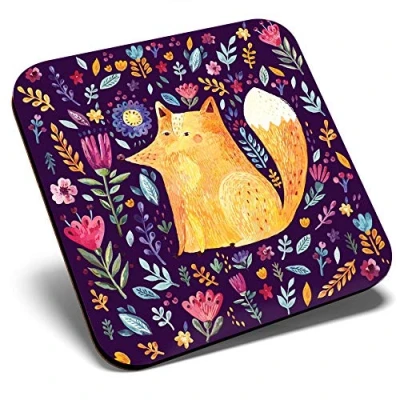 Image of Great Single Coaster Square Ginger Fox Forest Flowers Art Glossy Quality Coasters Tabletop Protection for Any Table Type #15571