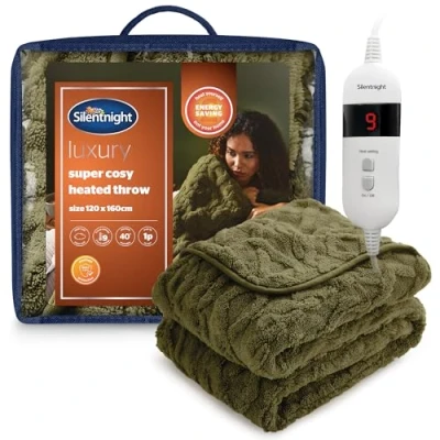 Image of Silentnight Luxury Super Cosy Heated Throw Snuggly Soft Knit Jacquard Fleece Electric Blanket for Sofa Bed with 9 Heat Settings Fast up and Safe Shut Off Machine Washable 120x160cm, Olive