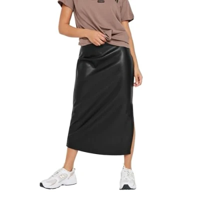 Image of PixieGirl Black Faux Leather Side Split Maxi Skirt Petite