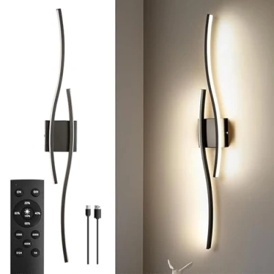 Image of Battery Operated Wall Lights,Wave Bar Lights Indoor,Dimmable 3000 6000K Bedside Wireless Lights,Sconce for Bedroom Living Room Hallway Corridor (Black)