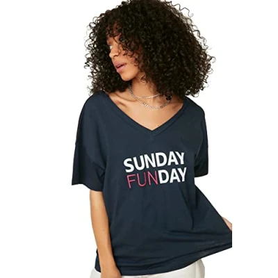 Image of Trendyol Women Oversize Basic V Neck Knit T Shirt Navy Blue