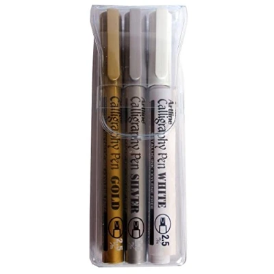 Image of Artline calligraphy Pens EK993 PK3 (Gold, Silver and White Colour) Metallic Markers For Christmas Cards, Paint Pens, Sparkling Ink Lettering, design art