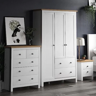 Image of Vida Designs Arlington 3 Piece Bedroom Sets, Bedside cabinet, Chest of Drawer &amp; Wardrobe (White Oak, 2D Nightstand, 5D Door Wardrobe)
