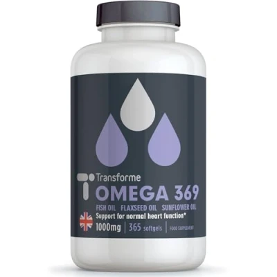 Image of Transforme Omega 3 6 9 Fish Oil 1000mg 360 Capsules, Fish, Flaxseed &amp; Sunflower Seed Oils, EPA, DHA, ALA, LA, Oleic Acid, Gluten Free