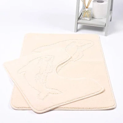 Image of Bath Mat Set 2 Piece Non Slip Rubber Pedestal and Toilet Dolphin Bathroom Rug New, Cream