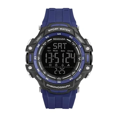 Image of Sekonda Crossfell Digital Men&#039;s 53mm Quartz Watch in Black LCD with 100 Year Calendar Display, and Blue Plastic Strap 30164