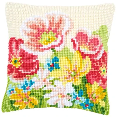 Image of Vervaco Cross Stitch Cushion Satin Summer Flowers Sampler Kit Vorbeze Nice, Cotton, multicoloured, 40 x 0.3 cm
