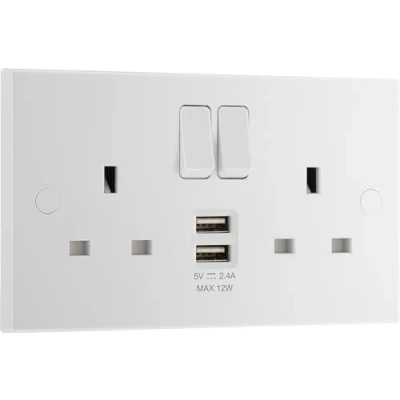 Image of BG Electrical Double Switched Power Socket with Two Type A USB Charging Ports, 13 Amp, 12 Watts, White Moulded, Square Edge