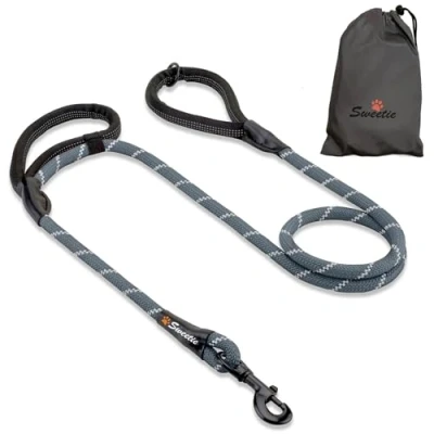 Image of Sweetie Rope Dog Lead Strong Leash with 2 Comfortable Padded Handles 5 FT for Medium &amp; Large Size Pets Reflective, Weather Resistant O Ring. Grey