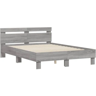 Image of vidaXL Grey Sonoma Bed Frame with Headboard and Storage Engineered Wood/Plywood Slats 193x138x69 cm