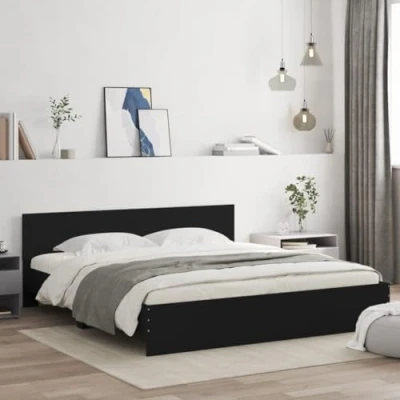 Image of vidaXL Super King Size Bed Frame with Headboard, Black 180x200 cm, Engineered Wood, Plywood Slats, Modern Bedroom Furniture, For cm Mattress